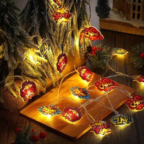 Tujoe Hero Party Decorations Hero String Lights 20 LED 10 ft Comic Action Hanging Garland Decorations Battery Operated for Birthday Baby Shower Room Wall Decor