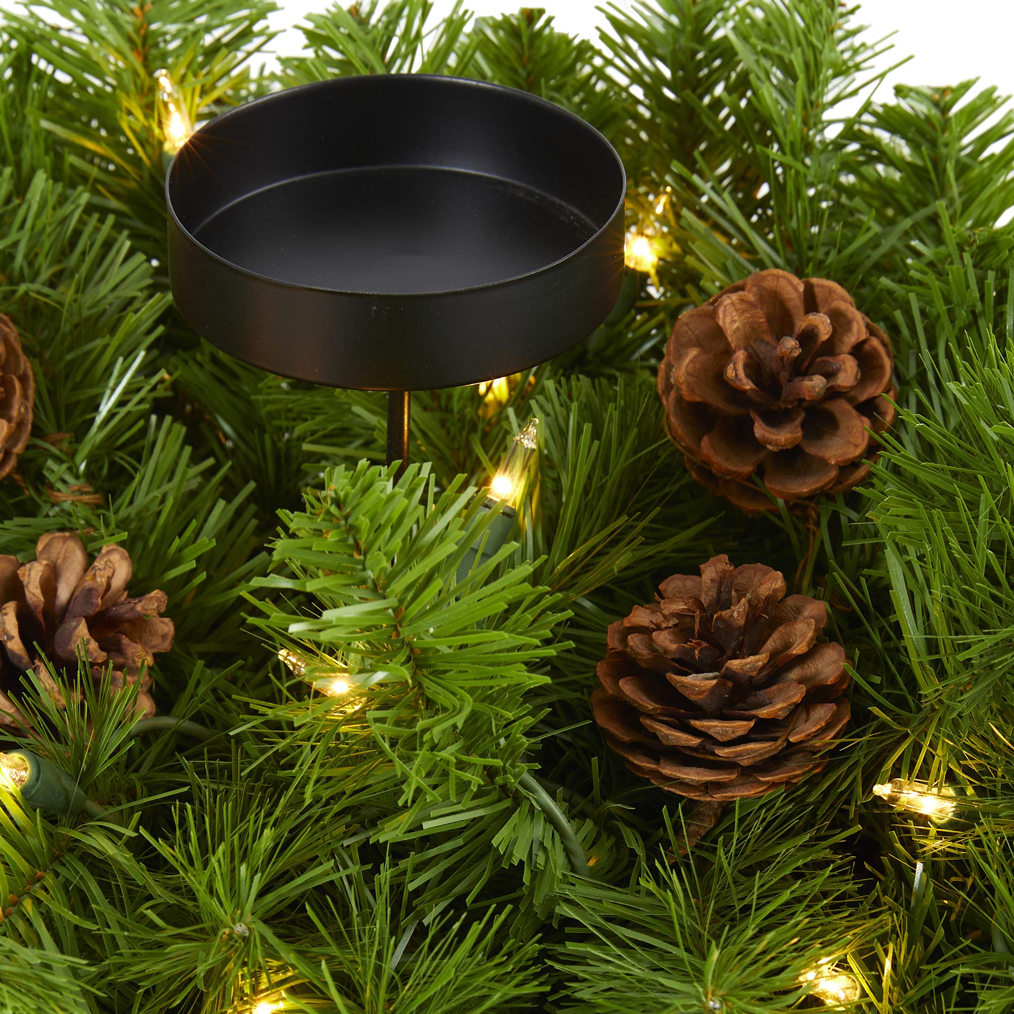 Nearly Natural 30in. Christmas Artificial Pine Triple Candelabrum with 35 Clear Lights and Pine Cones