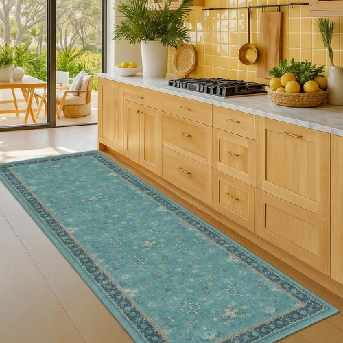 Hazo Haus Boho Non-Slip Kitchen Rug Runner - Teal Vintage Floral 2x7 Washable Indoor Mat