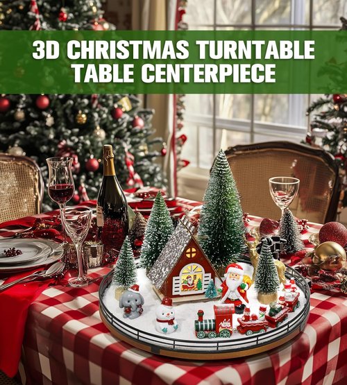 AMH Christmas Table Decorations Set - 12 PCS Oak Rotating Base with Santa, Train, House & Trees