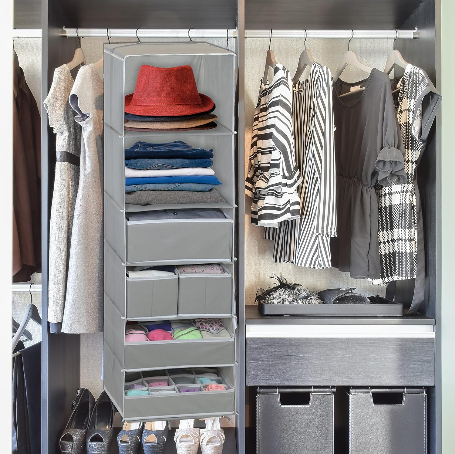 Simple Houseware 6-Shelf Hanging Closet Organizer - Gray with 5 Storage Drawers