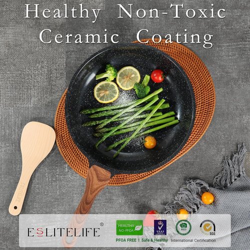 Eslite Life Nonstick Ceramic Frying Pan - Safe & Versatile Skillet with Lid, 8" Black for All Stovetops