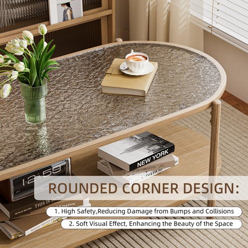 Glass Coffee Table, 44” Tea Dinner Table 2-Tier Oval Center Table Wave Pattern Tempered Glass Table Top With Anti Slip Pads, for Living Room Office Cafe Reception Room Small Space Apartment