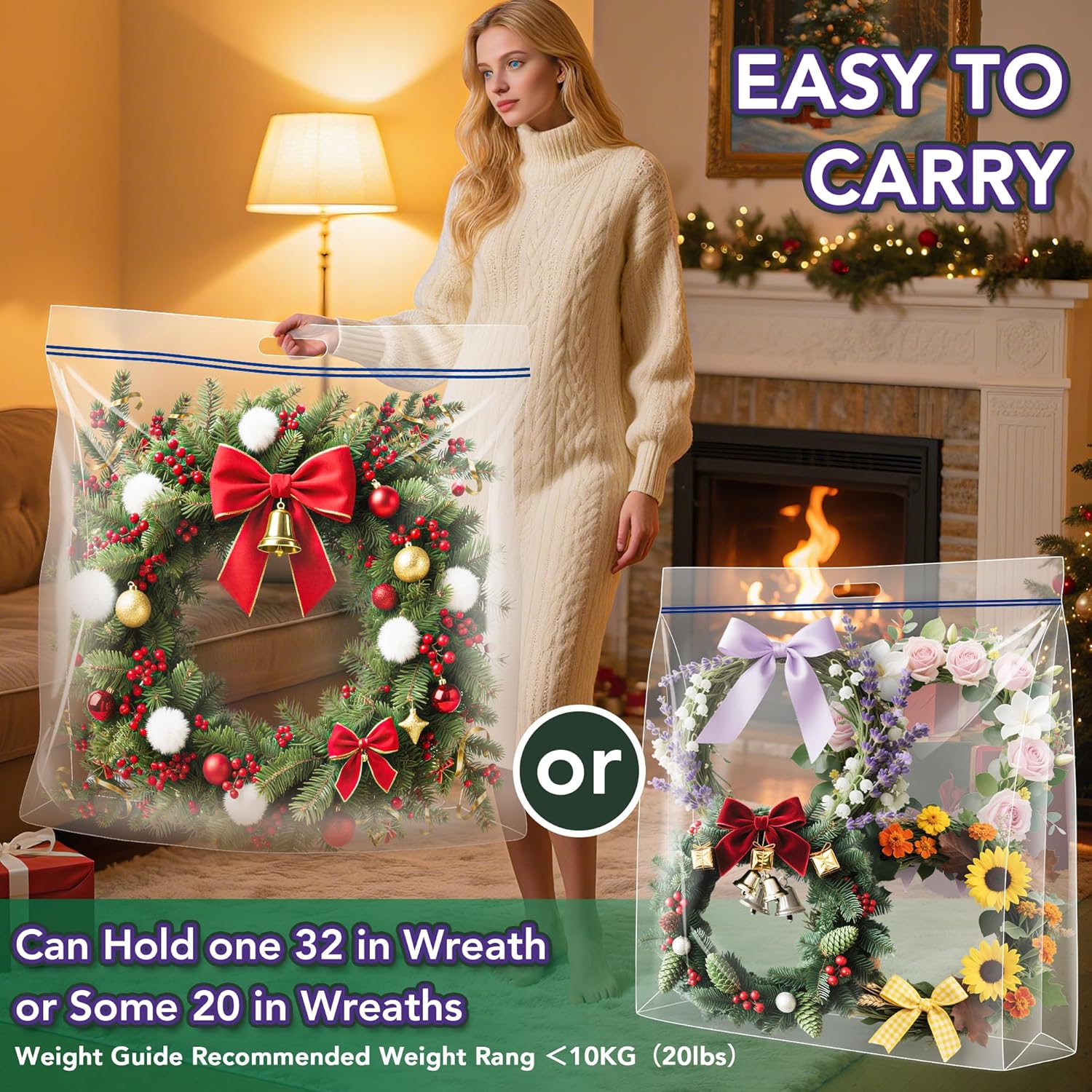 Skiennix Extra Large Clear Wreath Storage Bag - Durable Plastic with Handle | 34"x34"x8.5", 4 Pack for Holiday Decor & Bedding