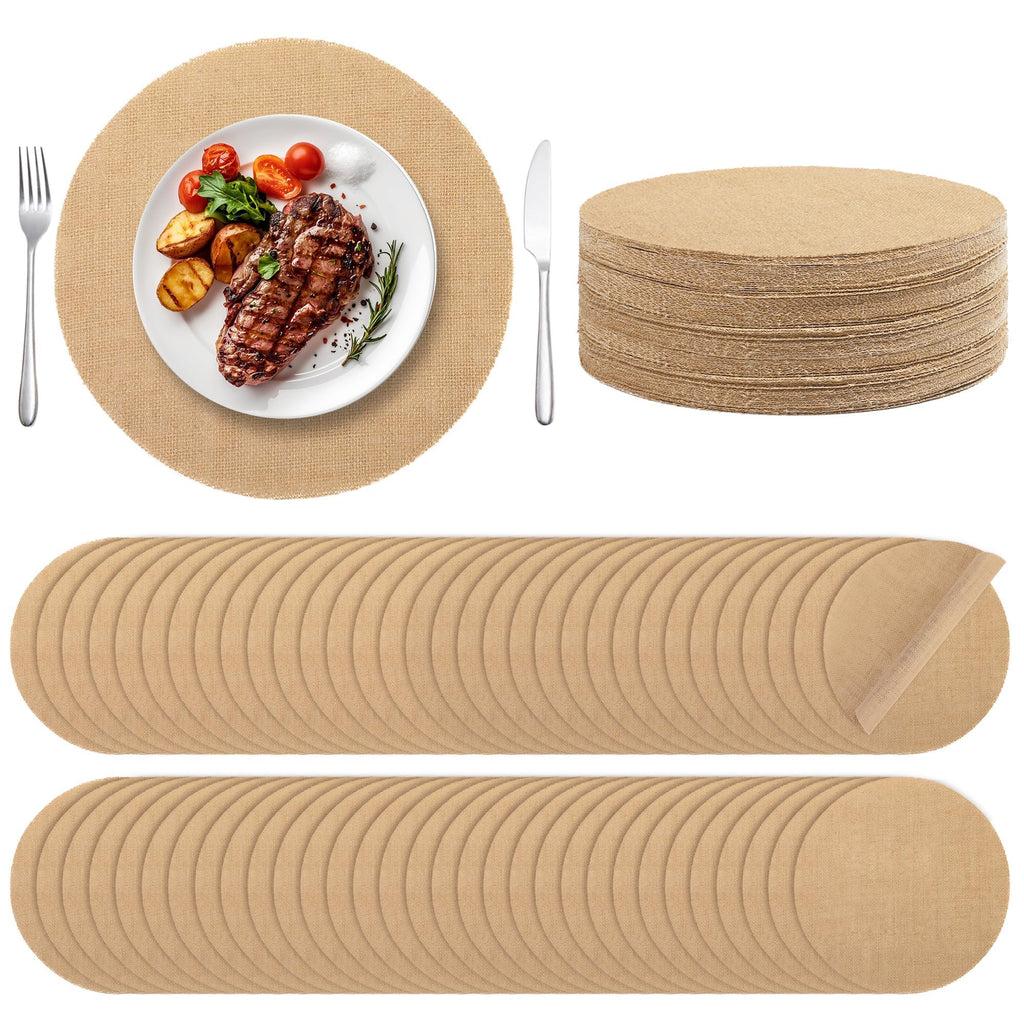 Aneco 150 Pieces Round Burlap Placemats 11.8 Inch Reusable Brown Table Mats Heat Resistant Natural Jute Fibers Placemats Burlap Circle Rustic Table Decorations for Dinner Holiday Farmhouse Decor