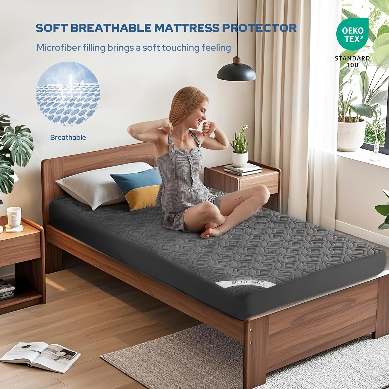 BEDLORE Waterproof Mattress Protector - Twin XL Deep Pocket Pad (6"-15" Depth) | Soft, Breathable, Dirt-Proof Cover (Gray)