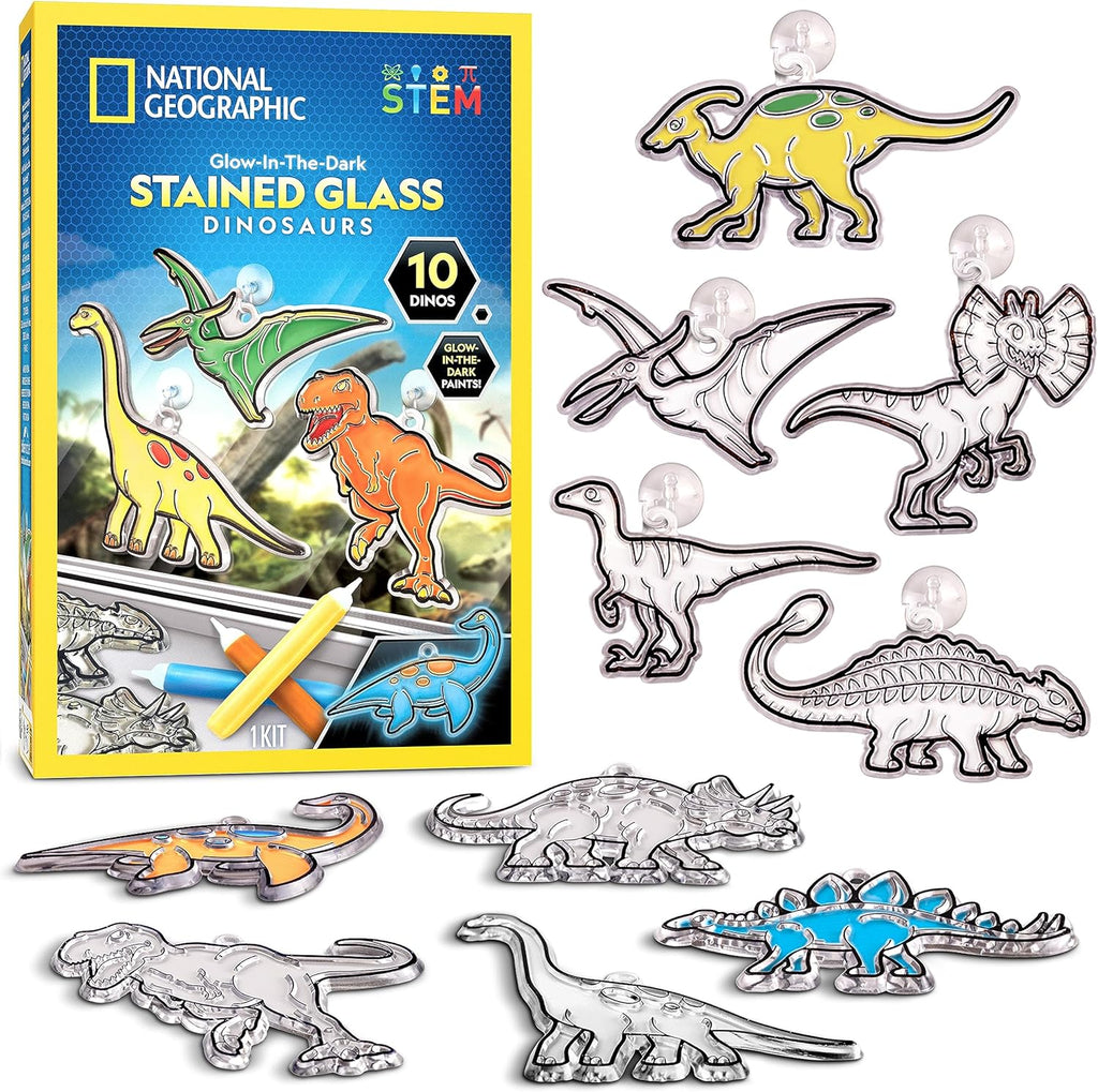 National Geographic Kids Stained Glass Kit - Glow in The Dark Dinosaur Crafts for Ages 4-8 | Window Art Set