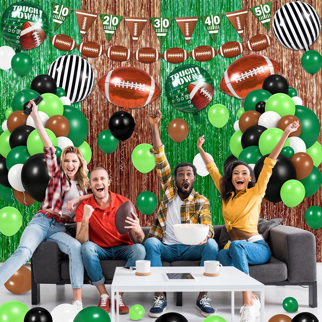 130 PCS Football Balloon Garland Arch Kit - Sage Green & Coffee Brown Balloons with Football Foil Balloon Foil Fringe Curtains for Touch Down Rugby Sport Theme Party Decorations