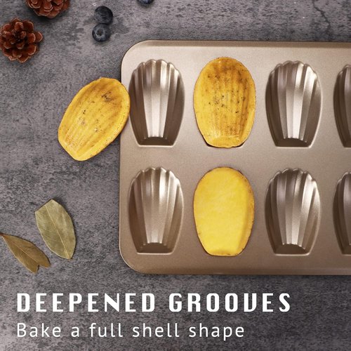 HONGBAKE Nonstick Madeleine Pan - 2 Pack 12-Cavity Heavy Duty Baking Trays | Champagne Gold Finish