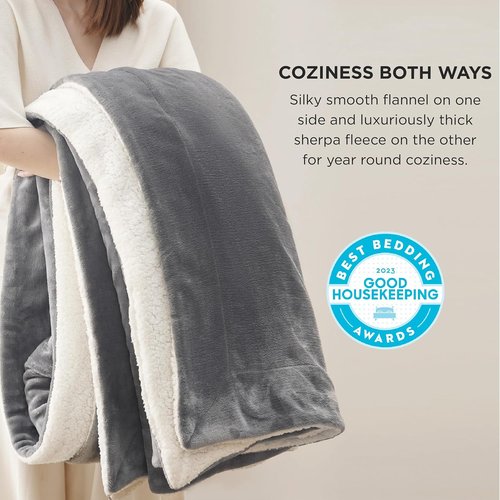 Bedsure GentleSoft Sherpa Fleece Queen Blanket - Thick, Warm, Plush Throw for Winter | Grey, 90x90 Inches