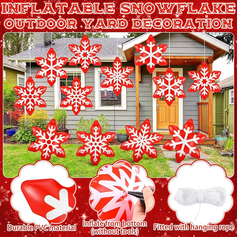 12 Pack Inflatable Hanging Snowflake Decorations - Red + Snowflake Variation