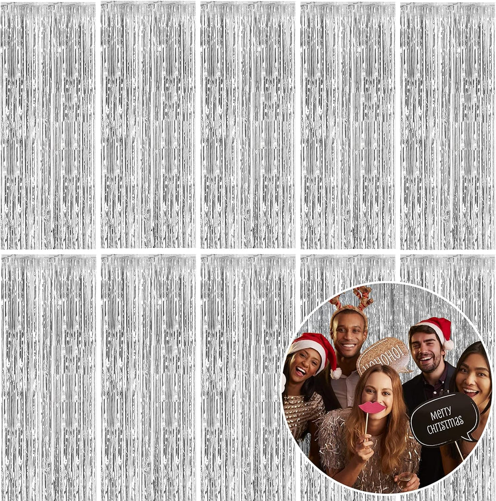 Skiennix Foil Curtain Backdrop - Silver Metallic Tinsel Fringe | 10 Pack for Parties & Celebrations