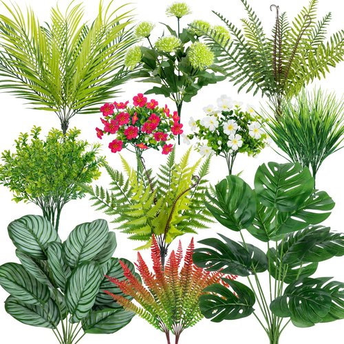 Besteek 20 Pcs Artificial Plants Outdoor Fake UV Resistant Artificial Flowers Greenery Stems Boston Fern Faux Shrubs Plastic Plants for Garden Porch Planter Window Box Home Decor