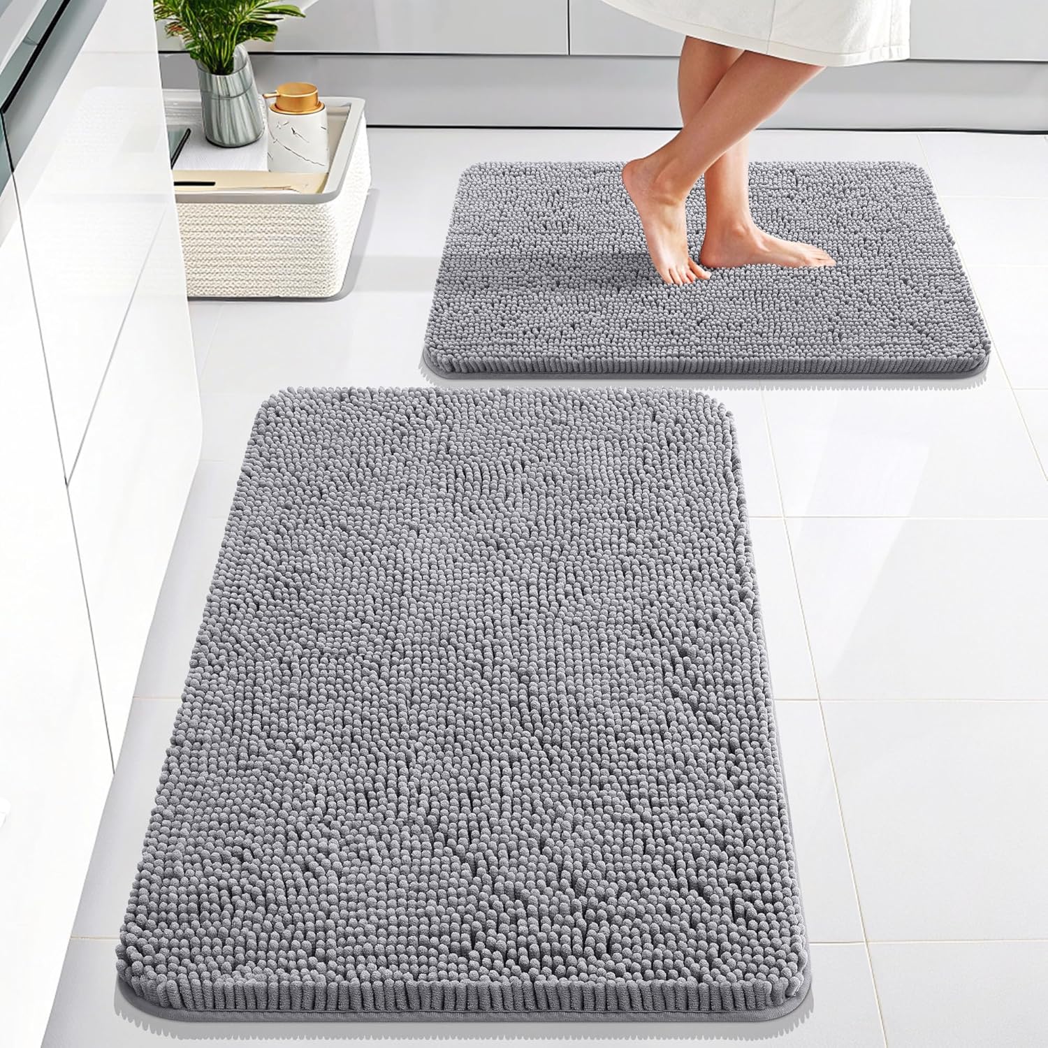 OLANLY Bath Mats Set - Soft Absorbent Chenille Rugs | Non-Slip, Quick Dry, Machine Washable (Grey, 30"x20" + 24"x16")
