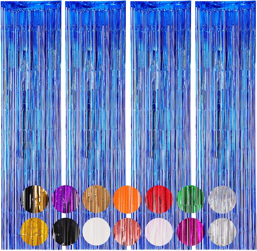 Voircoloria Blue Foil Fringe Backdrop Curtains - 4 Pack Tinsel Streamers for Parties & Events