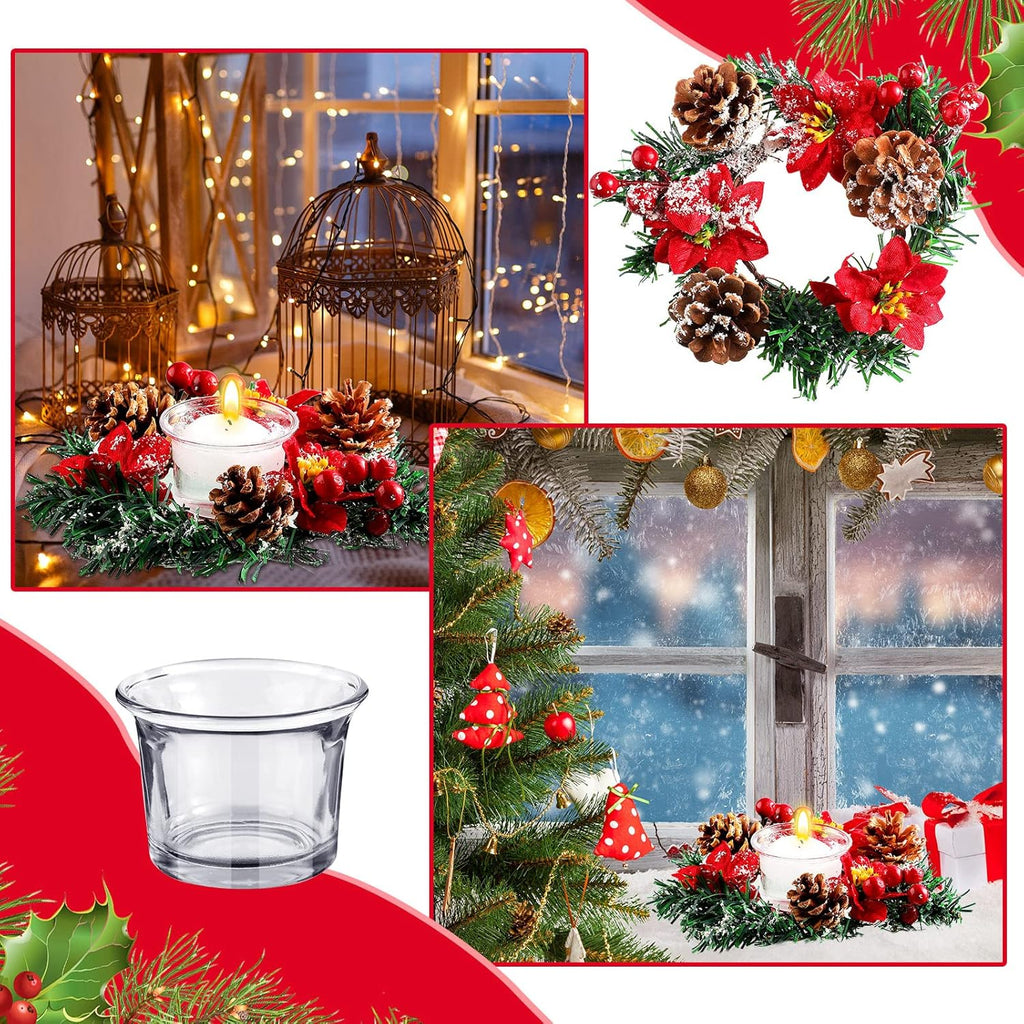 Regine Switzerland 8 Pack Christmas Poinsettia Candle Rings - Festive Table Centerpiece with Tealight Holders & Red Berries