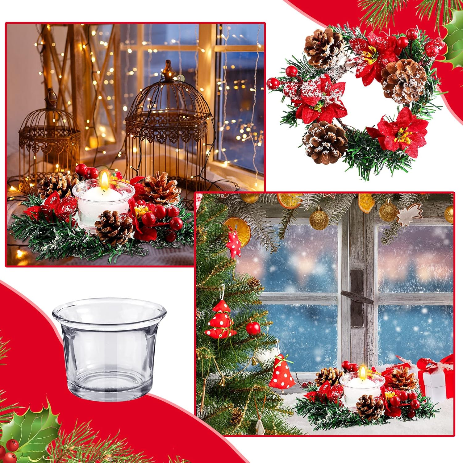 Regine Switzerland 8 Pack Christmas Poinsettia Candle Rings - Festive Table Centerpiece with Tealight Holders & Red Berries