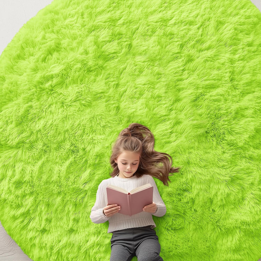 OLANLY Round Lime Green Area Rug - Soft, Fluffy, Machine Washable 9 ft Circle Carpet for Bedrooms & Nurseries