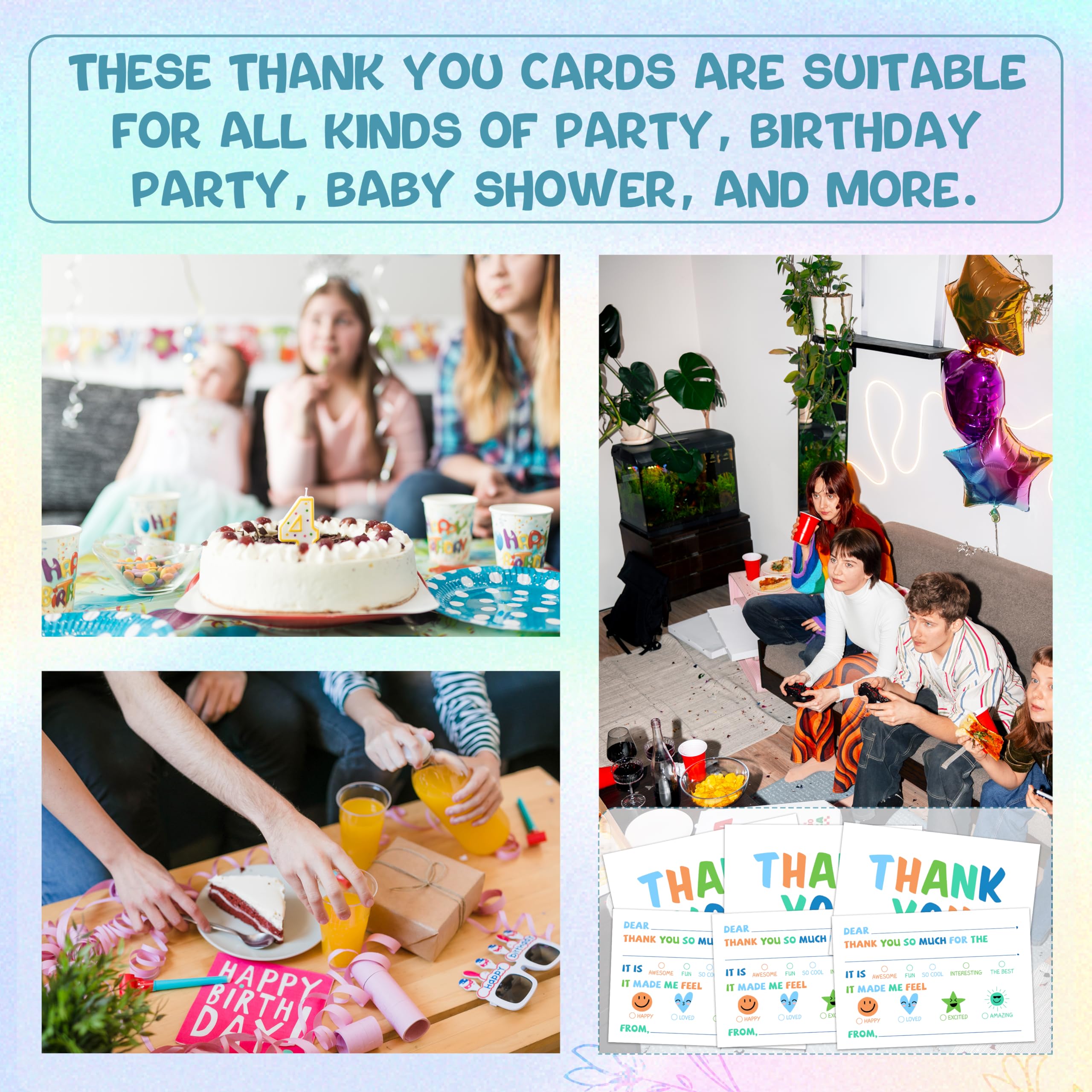 FQPJA Colorful Thank You Card For Kids, Fill In The Blank Birthday Greeting Cards, Colorful Postcards, 20 Pack Thank You Notes With Envelopes, Baby Shower Party Supplies Decorations -B01