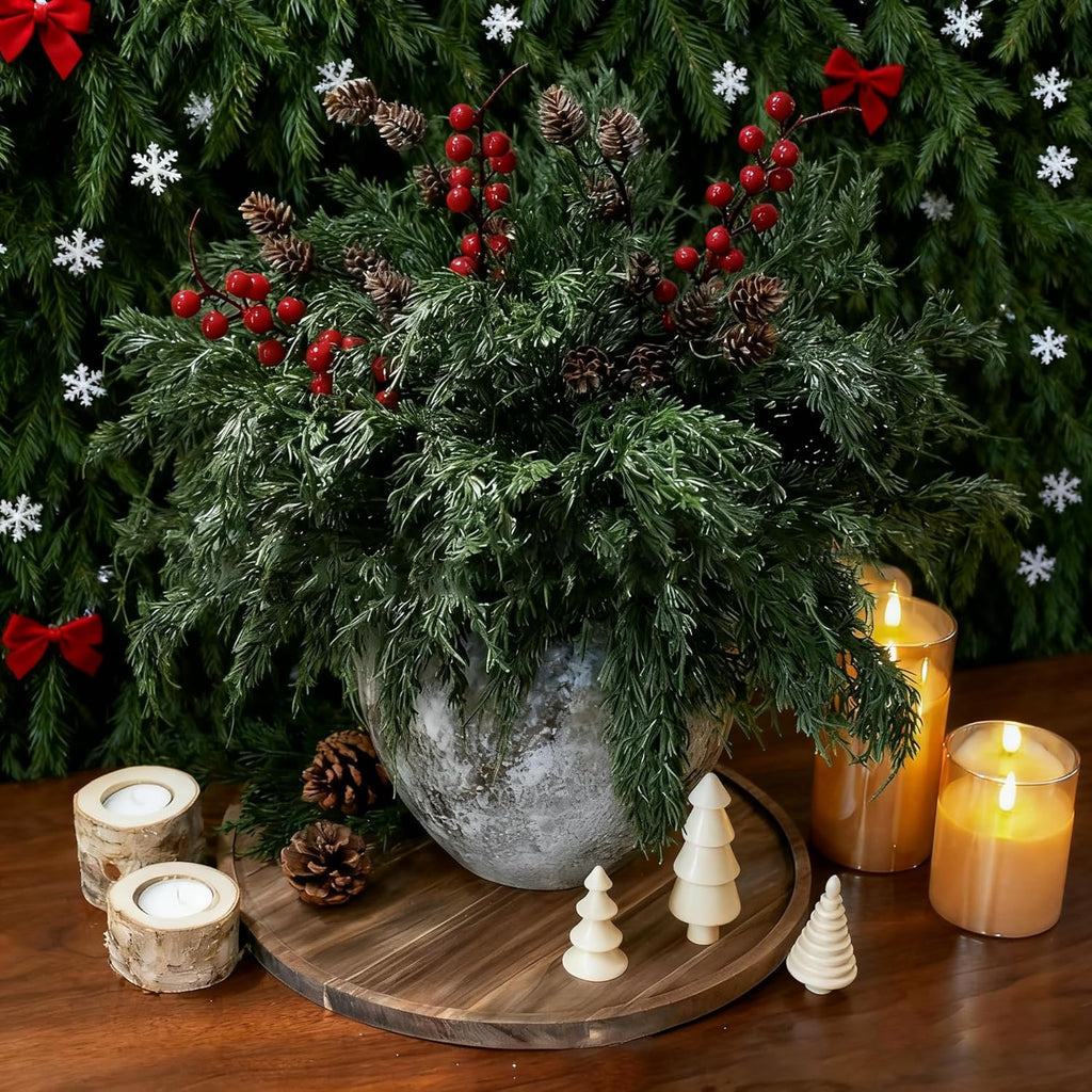 Norfolk Pine Faux Cedar Stems - Realistic Artificial Greenery for Christmas Decor | 1 Set with Berries & Pinecones