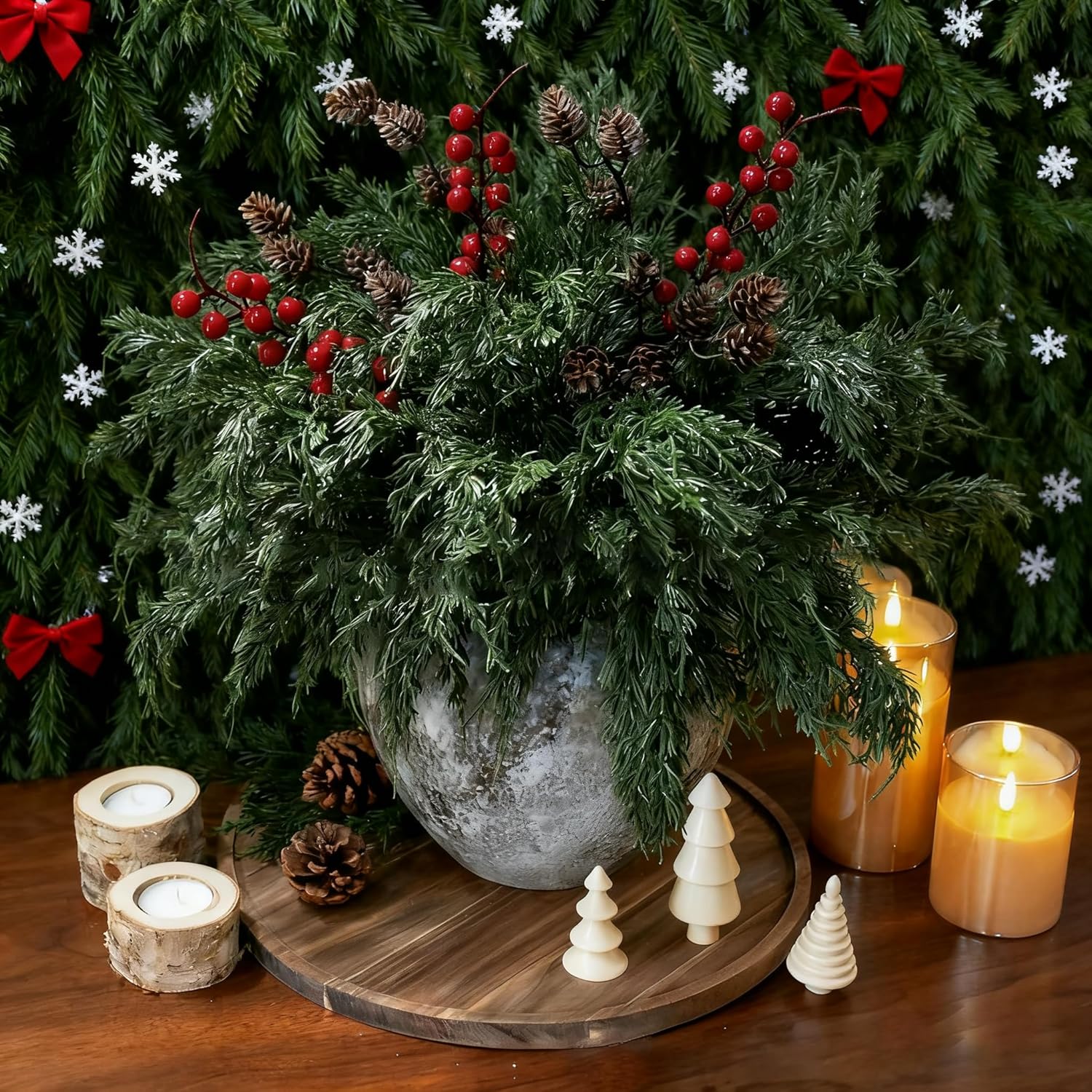 Norfolk Pine Faux Cedar Stems - Realistic Artificial Greenery for Christmas Decor | 1 Set with Berries & Pinecones
