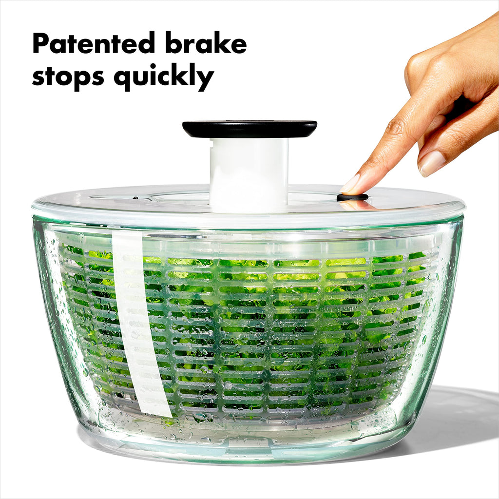OXO Good Grips Glass Salad Spinner, Large/6.22 Quart, Clear & Good Grips Little Salad Dressing Shaker - Black