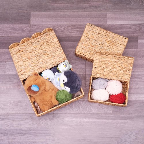 LUSYDECO Set of 2 Scalloped Edge Wicker Basket with Lids, Rectangle Wicker Storage Basket with Built-in Handles, Multipurpose Organizer Rattan Display Boxes for Shelf, Nursery Room