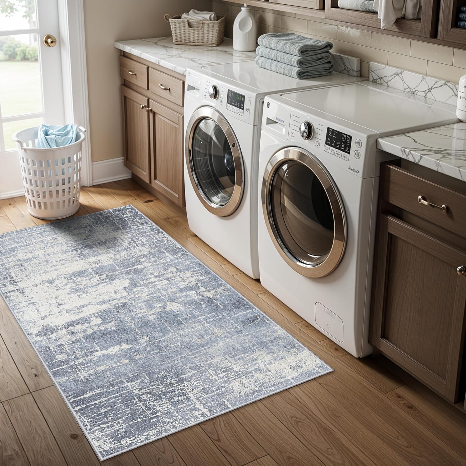 Skiennix Washable Kitchen Area Rug - Abstract Stain-Resistant Non-Slip Design | 2x4 ft, Blue/Ivory