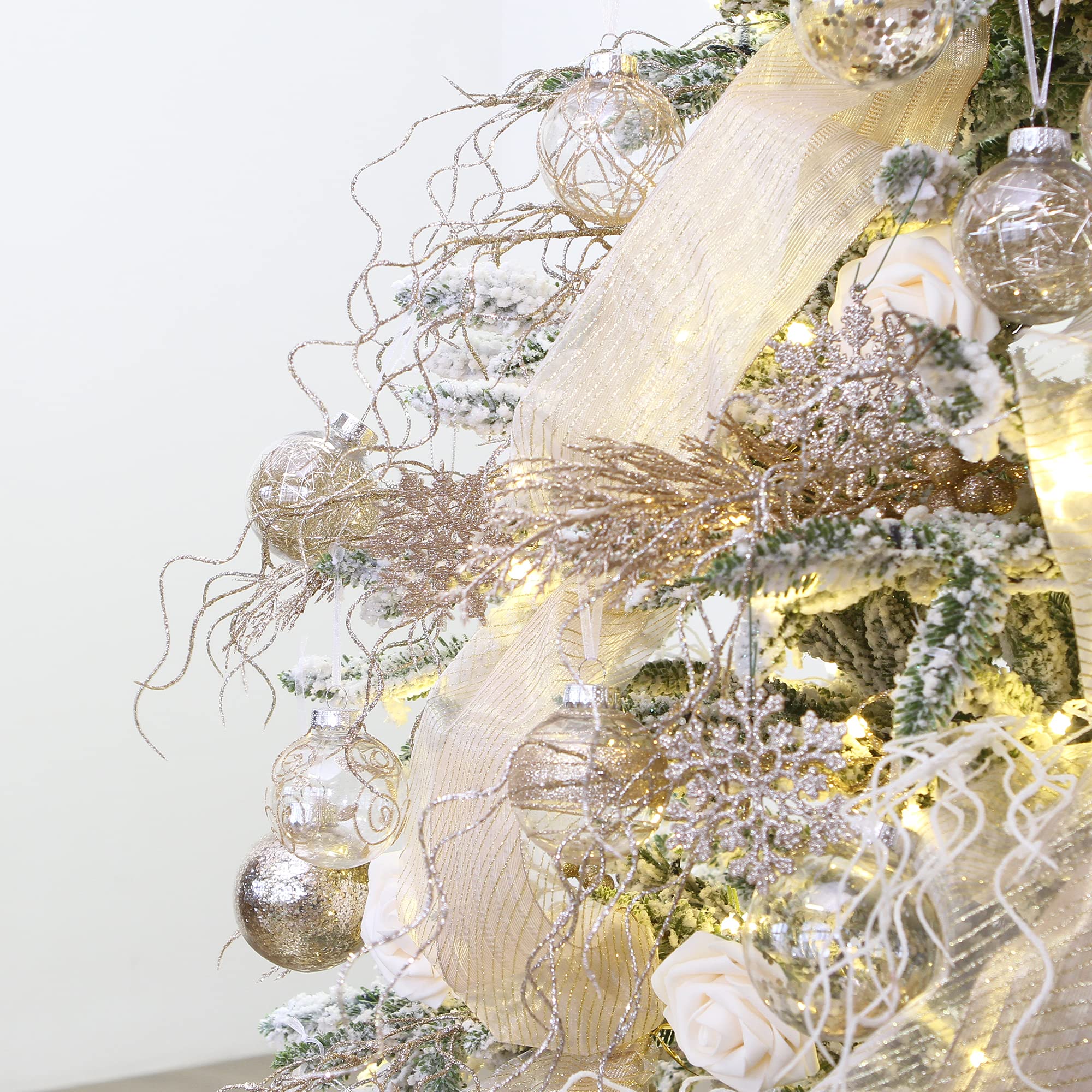 Sea Team 24-Pack Artificial Glitter Pine Tree Twig Ornaments, Decorative Sticks, Glittery Stems, Picks, Branches for Christmas Tree, Small Vase, Holiday, Wedding, Party (14 Inches, Champagne)