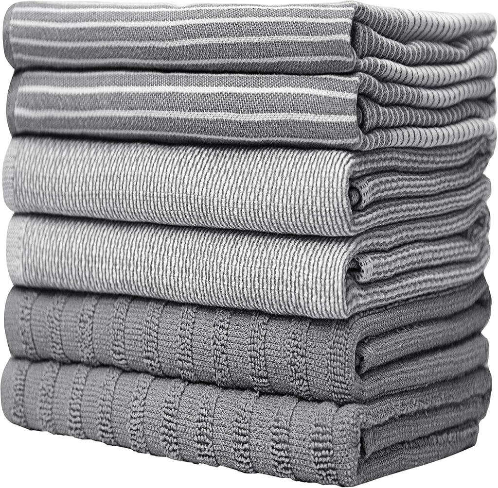 Premium Kitchen Towels - Highly Absorbent Cotton Dish Towels (20”x28”, 6 Pack) | Gray with Hanging Loop