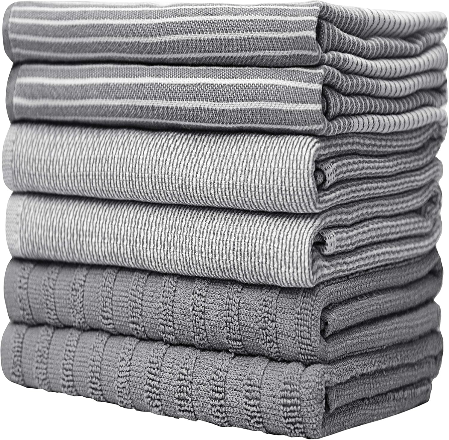 Premium Kitchen Towels - Highly Absorbent Cotton Dish Towels (20”x28”, 6 Pack) | Gray with Hanging Loop