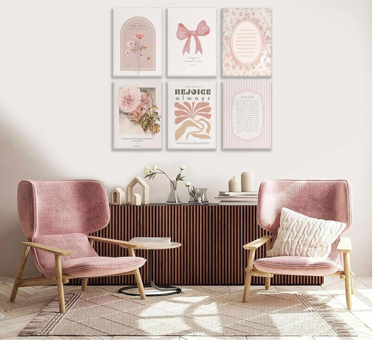 Skiennix 6-Piece Pink Christian Wall Art Set - Boho Floral Bible Verses Canvas Decor for Bedroom & Dorm
