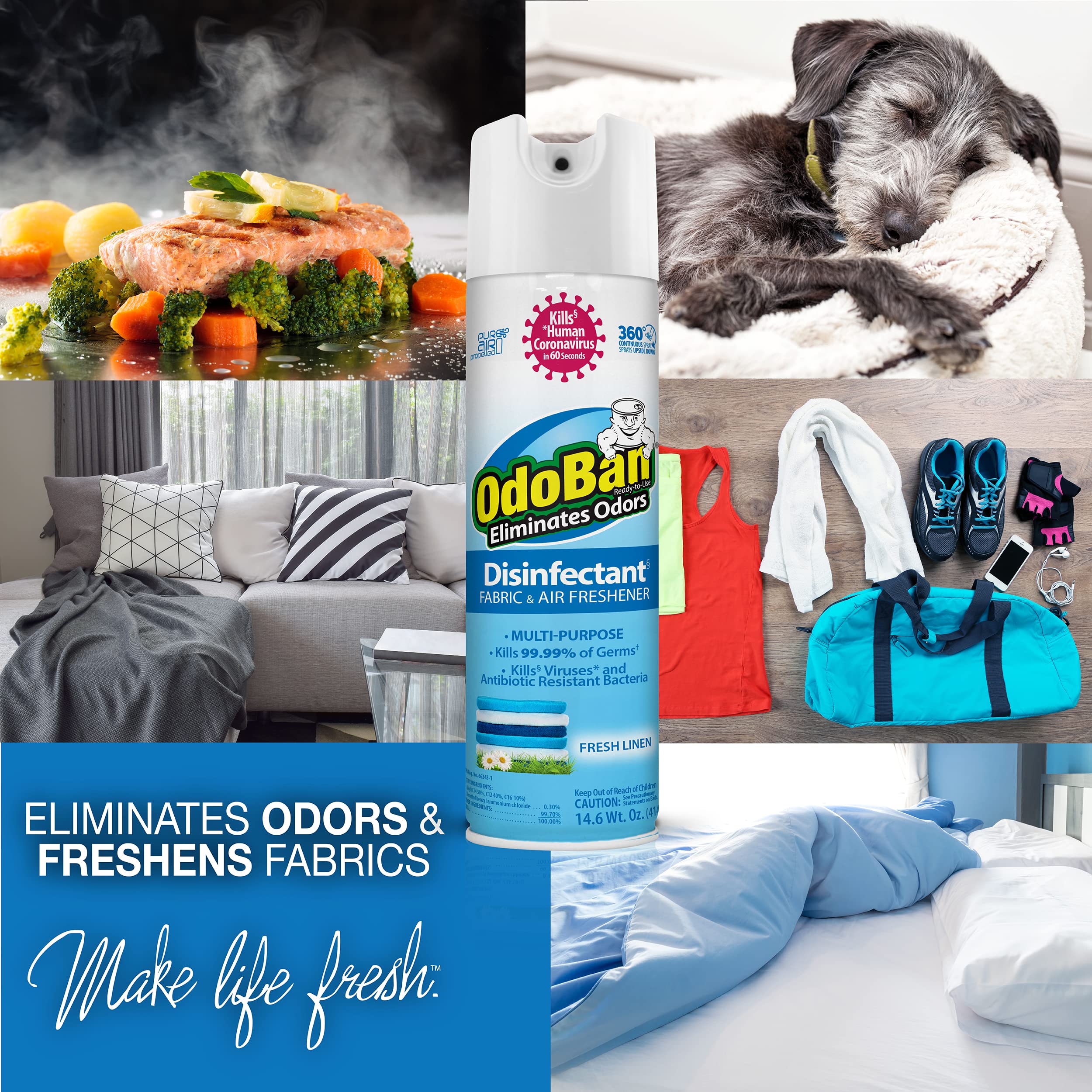 OdoBan Ready-to-Use 360-Degree Continuous Spray Disinfectant and Harsh Aroma Eliminator, Fabric and Air Freshener, 6 Pack, 14.6 Ounces Each, Fresh Linen Scent