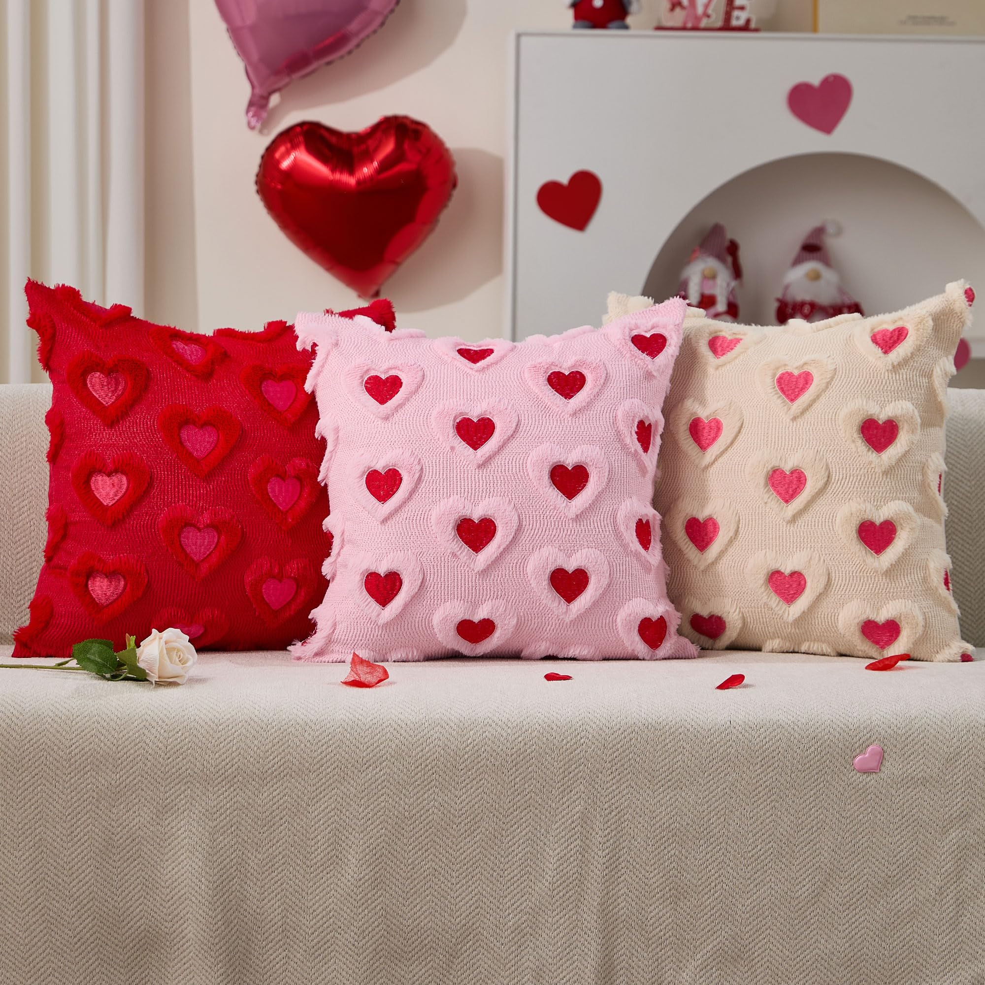 WKJZH Valentines Day Pillow Covers 18x18 Inch Set of 2 Pink Embroidery Beige Heart Decorative Beige Soft Plush Faux Wool Throw Pillows for Couch Sofa Bedroom Holiday Home Decor MRD01C45