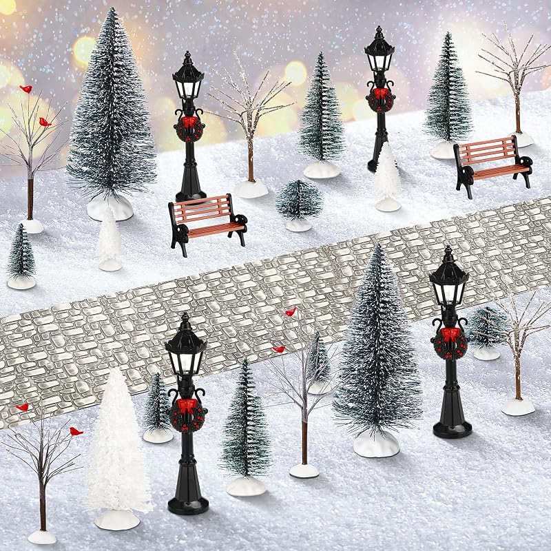 Classic 28 Pcs Mini Christmas Village Tree Set with Snow, Lamps & Benches
