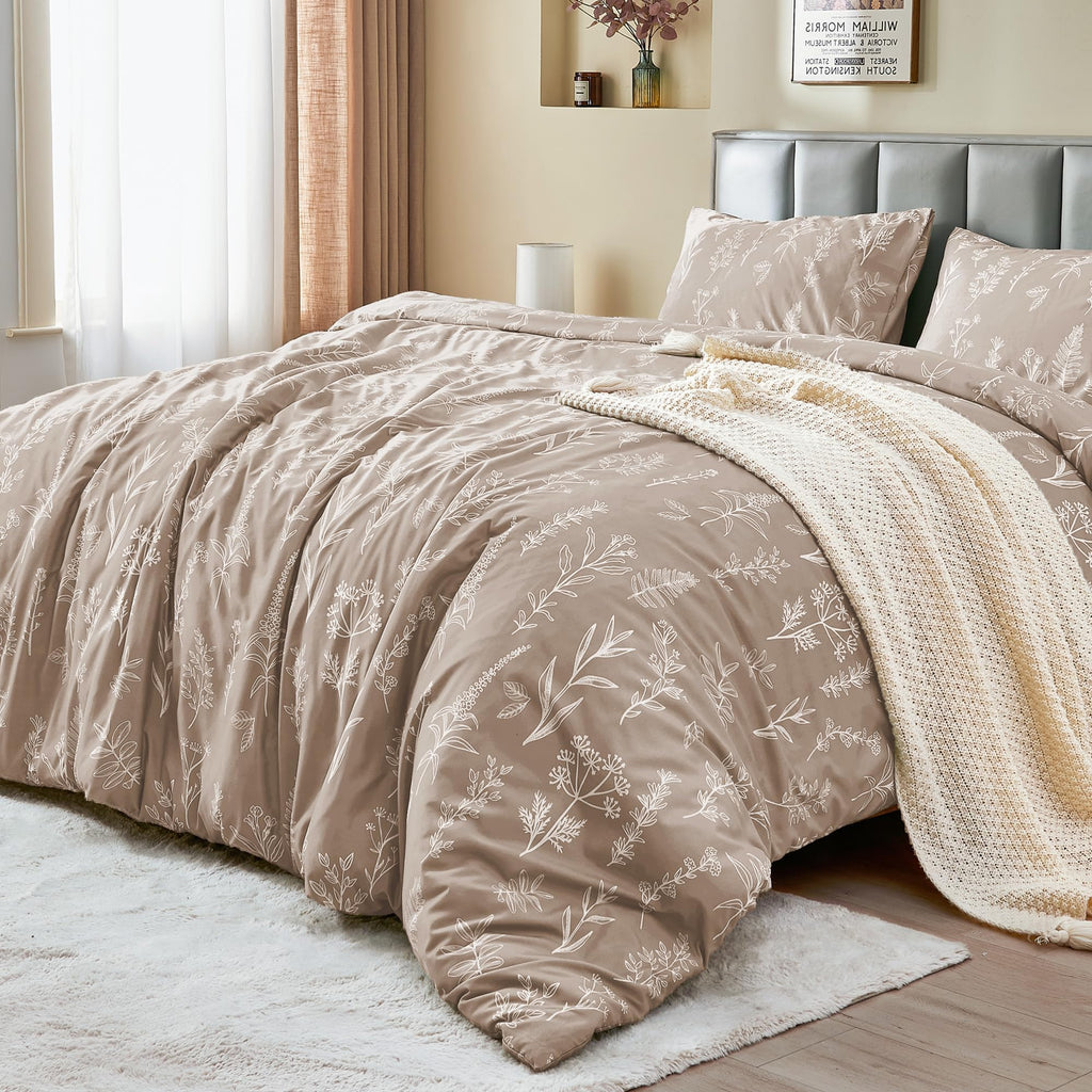 MUXHOMO Duvet Cover Queen Size, Reversible Floral Taupe Duvet Cover Set with Zipper Closure, 3 Pieces Botanical Patterns Soft Microfiber Bedding Set with 4 Ties (90"x90", 2 Pillow Cases)