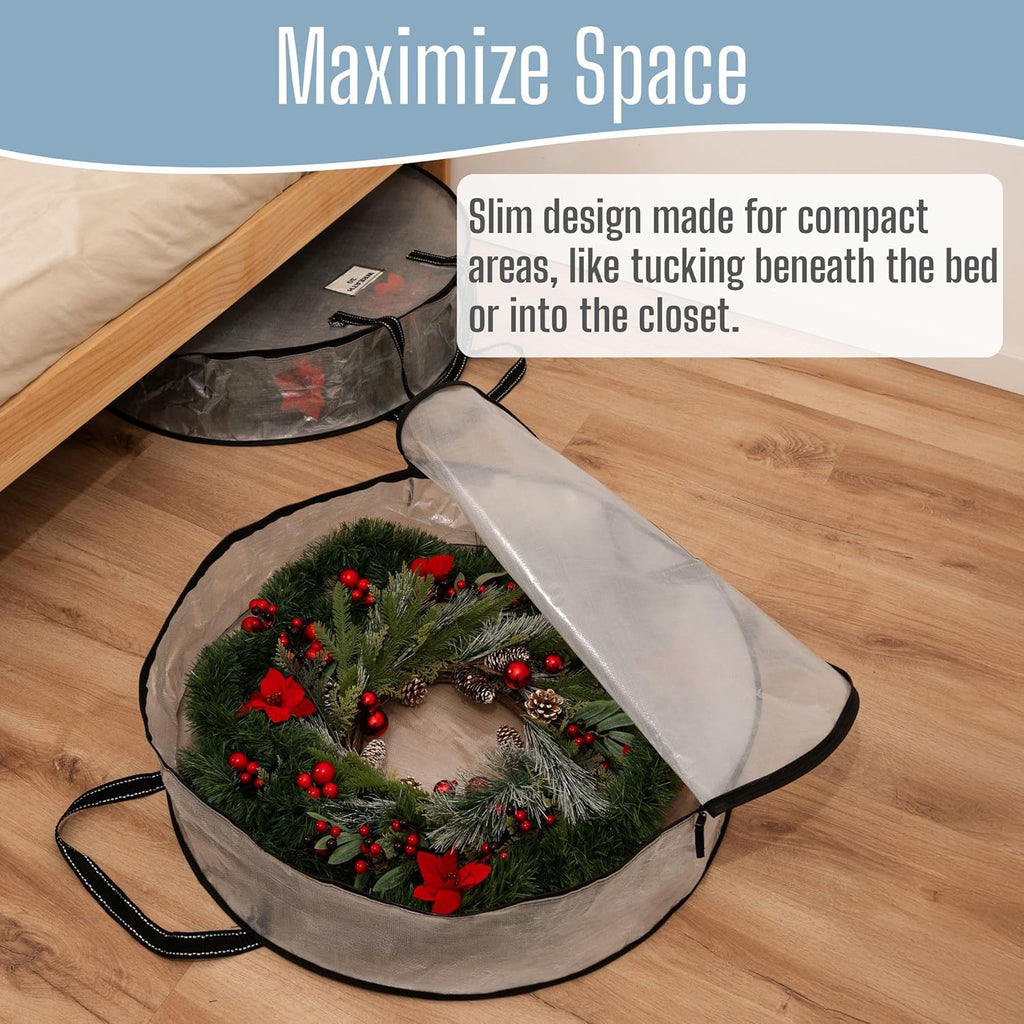 VENO Wreath Storage Container - Heavy Duty 30 Inch Clear Bag with Wall Hanging Handles | 4 Pack