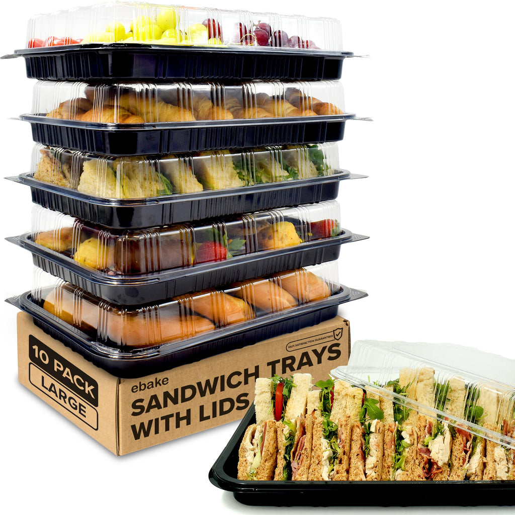 10 Pack Catering Trays with Lids – 17" Serving Tray with Lid, Heavy Duty Recyclable Plastic Party Platters for Catering, Buffet, Picnics & Events – Food Tray with Clear Lid (17.72 x 12.20 x 2.95 inch)