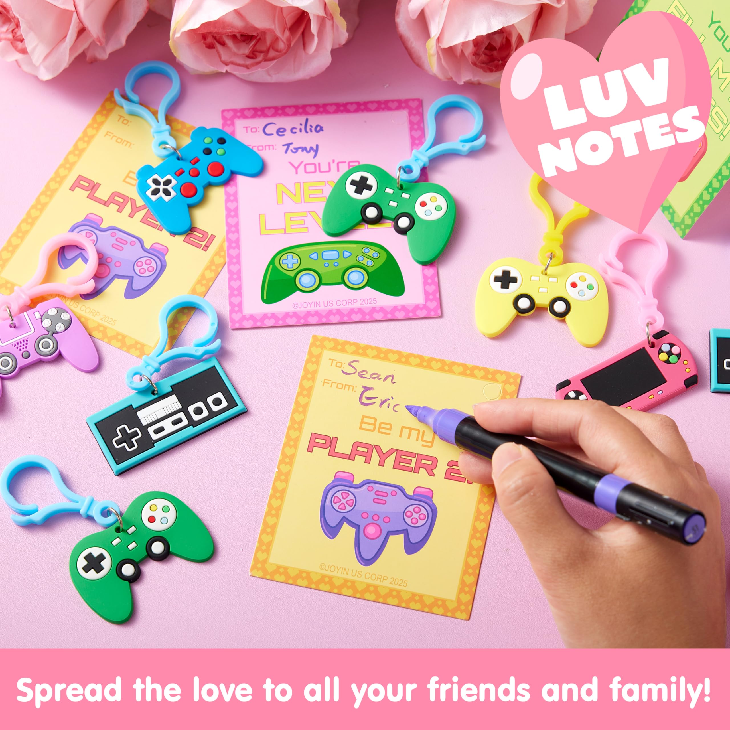 JOYIN 28 Pcs Valentines Day Gift Cards with Video Game Keychains, Multi Colored Keychains & Cards with 7 Designs, Valentine Treat Goodie Bag Stuffers for Kids Classroom School Exchange Prizes