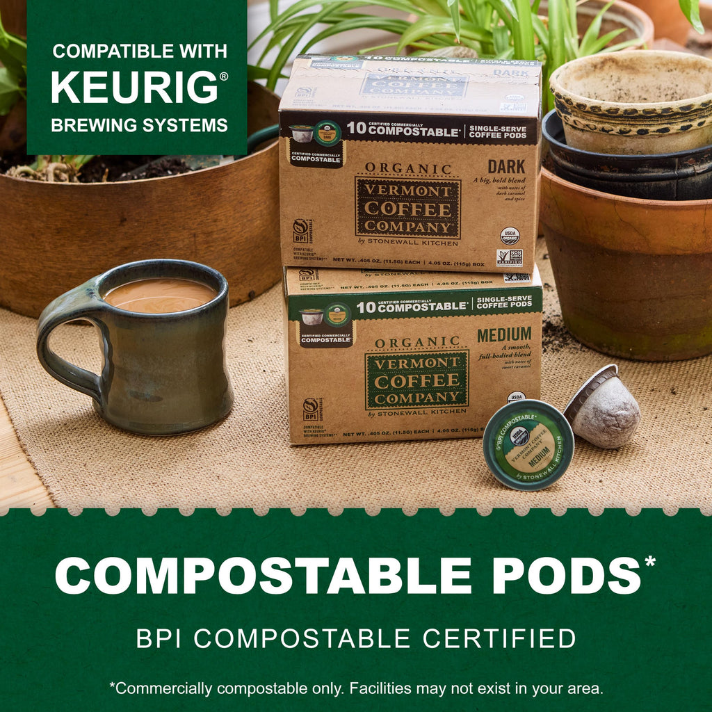 Vermont Coffee Company, Organic Dark Roast Coffee Pods, Single-Serve, Compostable Pods, 10CT, Made in the USA
