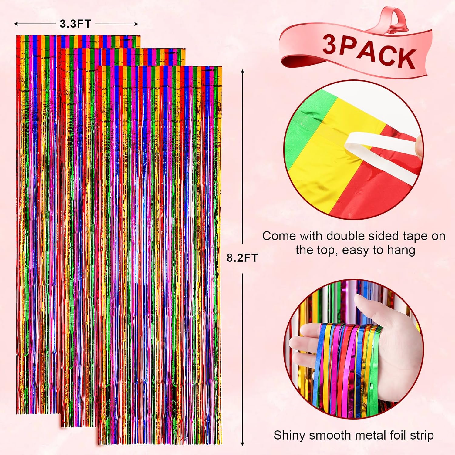 Voircoloria Rainbow Foil Fringe Backdrop Curtains - 3 Pack Tinsel Streamers for Parties & Events | 3.3x8.2 Feet