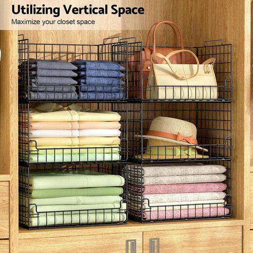 4-Tier Stackable Closet Organizers by [Brand Name] - Sturdy Metal Storage Bins for Space-Saving Wardrobe, Black