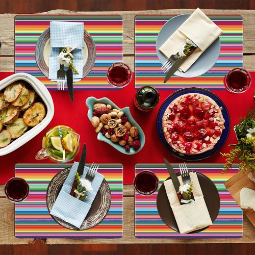 Mexican Fiesta Plastic Placemats Set of 6 Colorful Striped Cinco De Mayo Plastic Place Mats 16x 11 Inch Washable Holiday Vinyl Table Mats for Indoor Outdoor Kitchen Dinner Table Setting