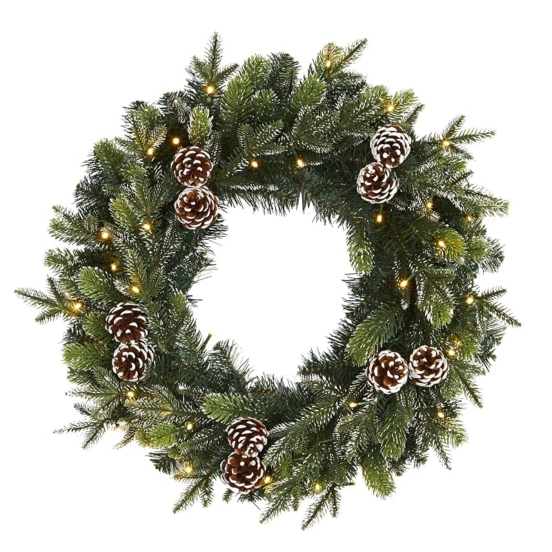 24-Inch Pre-Lit Christmas Wreath with Snowed Pinecones, 35 LEDs