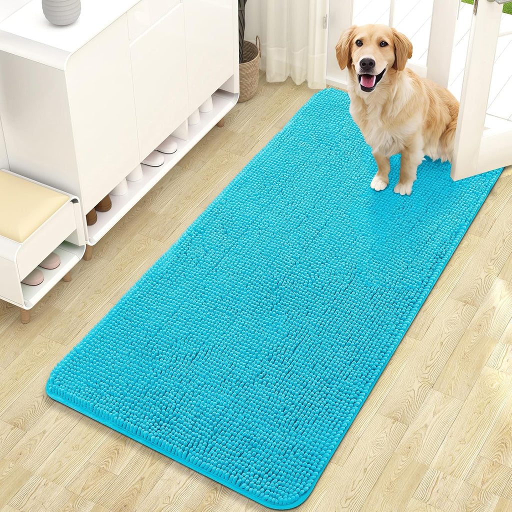 OLANLY Dog Door Mat - Absorbent Non-Slip Chenille Mat for Muddy Paws | Quick Dry 47x24 in Aqua Blue