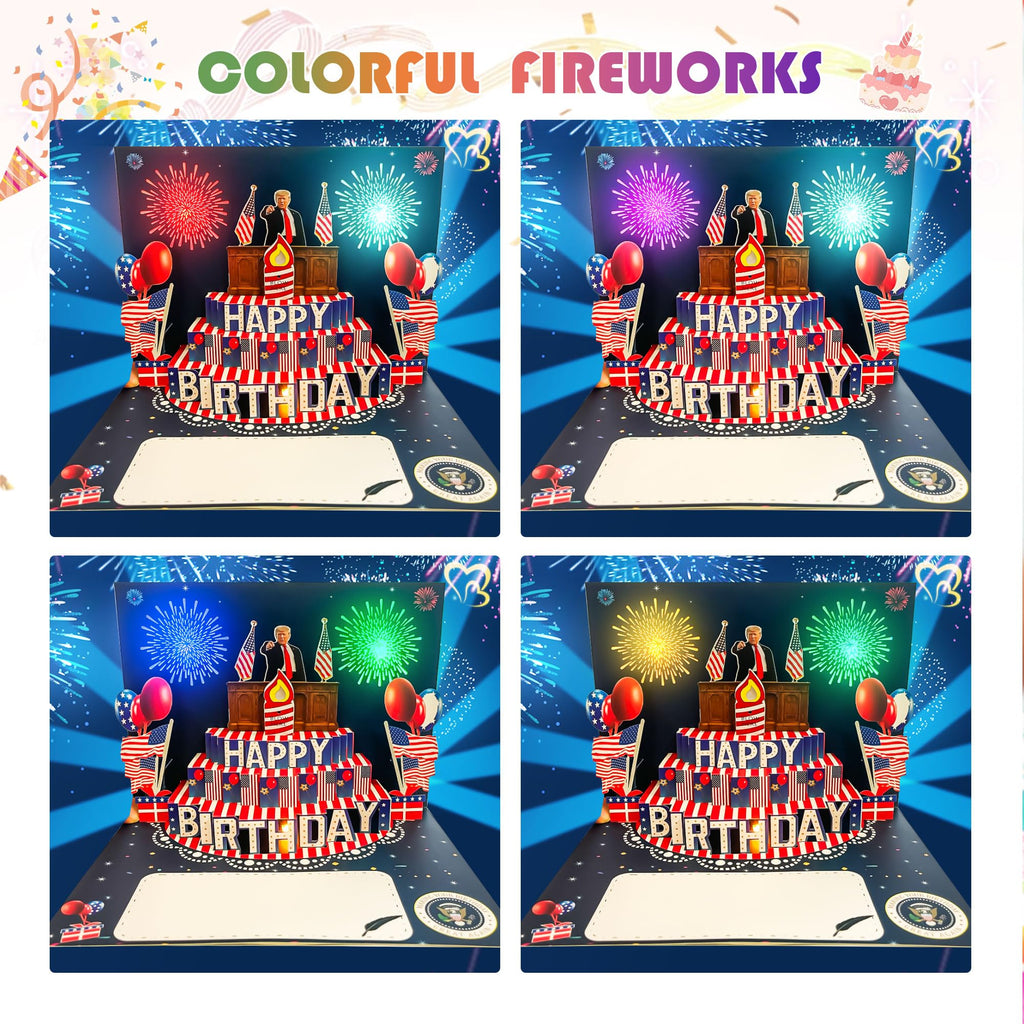 BELLESTILE Donald Trump Birthday Card with Lights and Music,3D Pop Up Fireworks Birthday Card with Blowable Candle,Greeting Cards,Birthday Gifts for Mom Women Men Kids Child Dad Father Wife ﻿