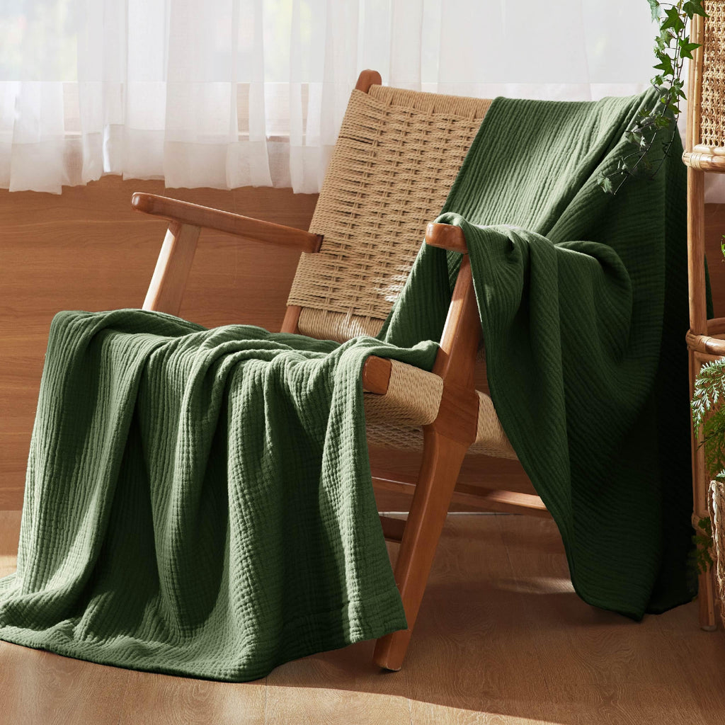 Bedsure 100% Cotton Muslin Throw Blanket Large 50x70 Inches - 4-Layer Breathable and Lightweight Thin Soft Summer Gauze Muslin Blankets for Adults, Olive Green, Boho Cotton Throw for Couch