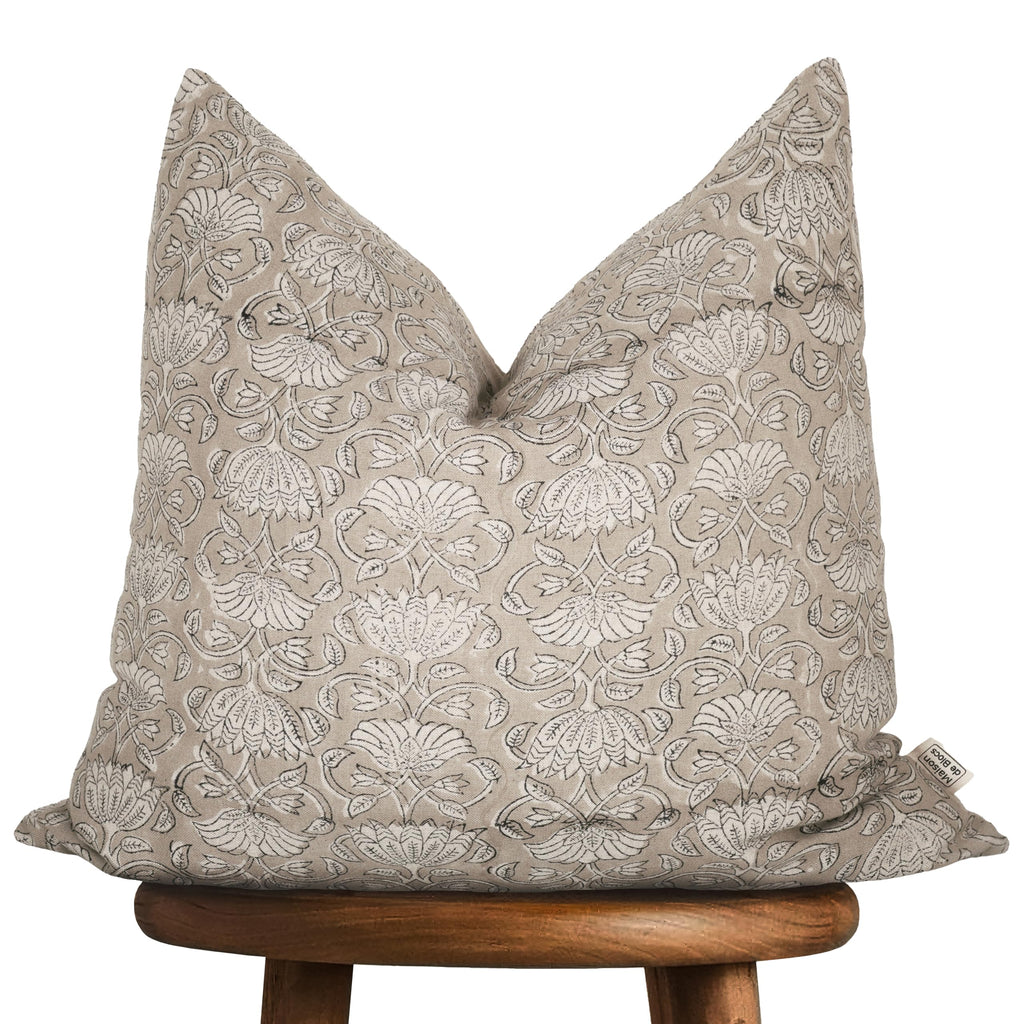 Handmade Block Print 100% Thick Cotton 20 x 20 inch Throw Pillow Cushion Cover with Zipper - Pillowcase for Bedroom, livingroom, Couch, Sofa, Outdoor, Chair, Bed, Home Décor-Margot (Muslin Beige 1)