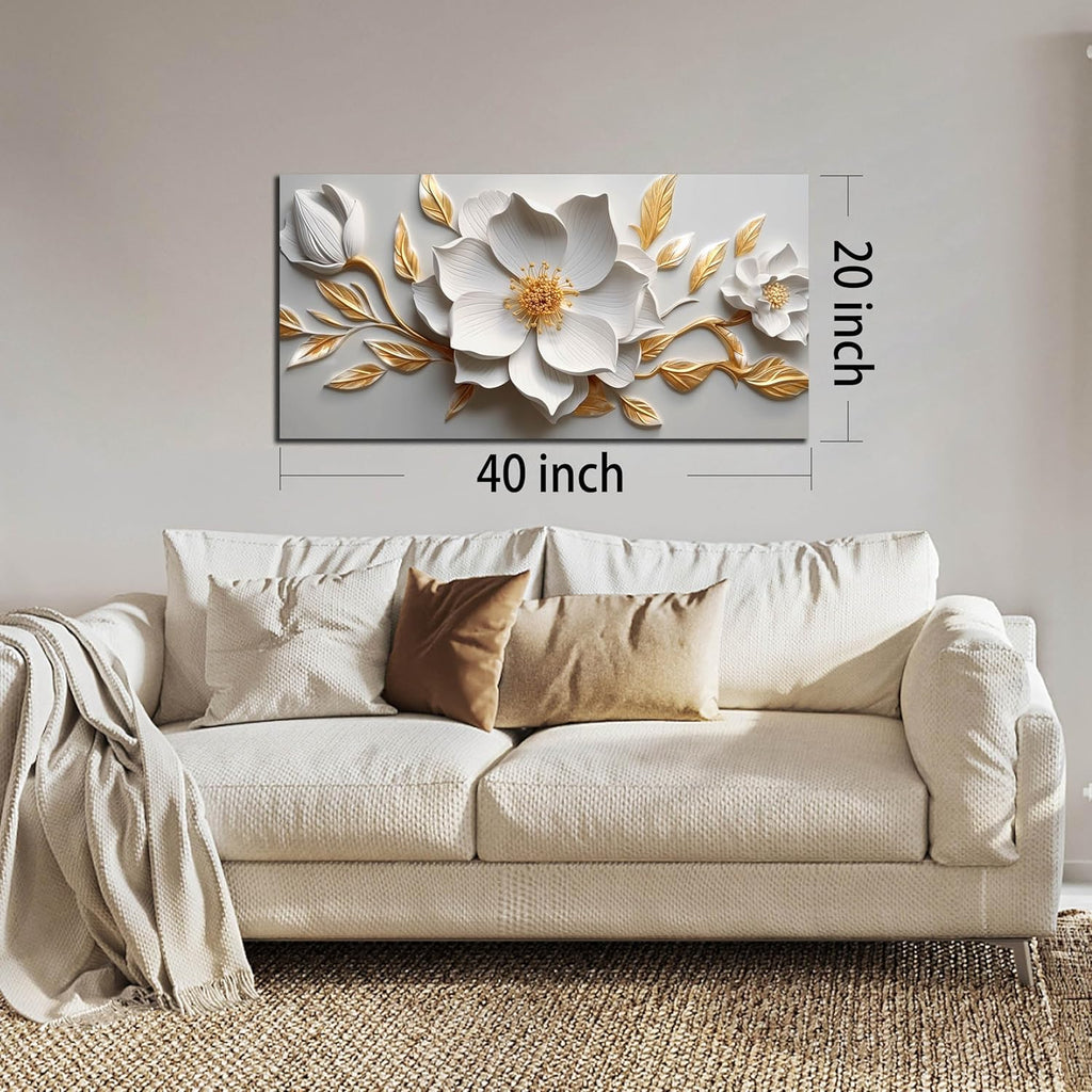 Skiennix Canvas Wall Art - Large White and Gold Floral Artwork for Living Room | 20x40 In Framed Decor