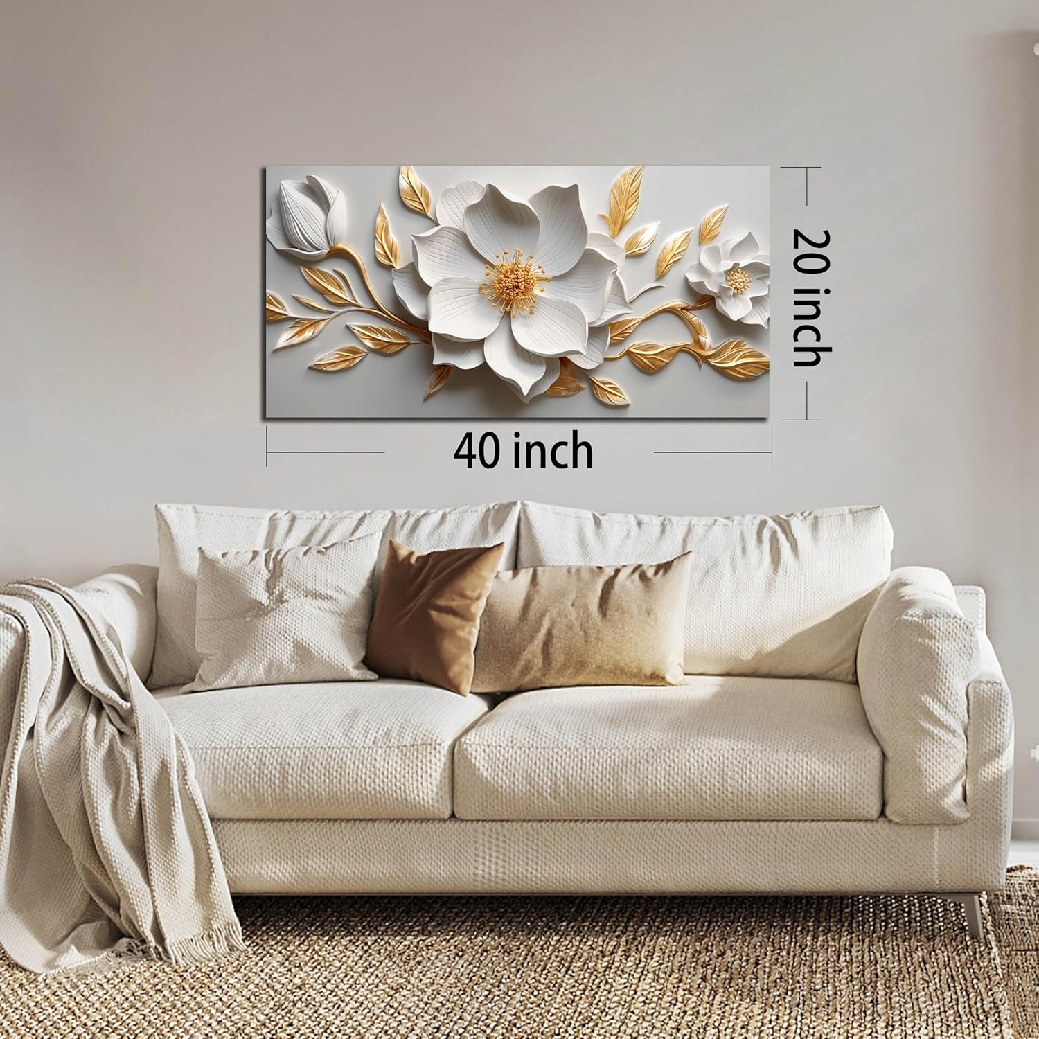 Skiennix Canvas Wall Art - Large White and Gold Floral Artwork for Living Room | 20x40 In Framed Decor